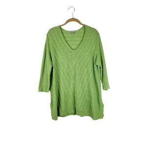 J Jill Lightweight Sweater Green Linen Cotton 3/4 Sleeve V-Neck Size Medium